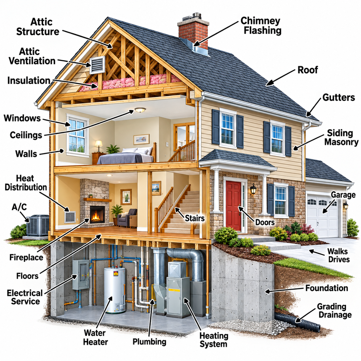 Cutaway illustration of a two-story home labeling the systems inspected: attic structure, attic ventilation, insulation, windows, ceilings, walls, heat distribution, air conditioning, fireplace, floors, electrical service, water heater, plumbing, heating system, stairs, doors, chimney flashing, roof, gutters, siding and masonry, garage, walks and drives, foundation, and grading and drainage.